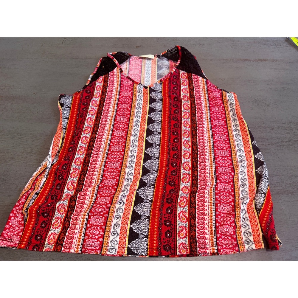 Bobbie Brooks Plus Size 1X Red Paisley Stripe Lace Shoulder Sleeveless Tank Top